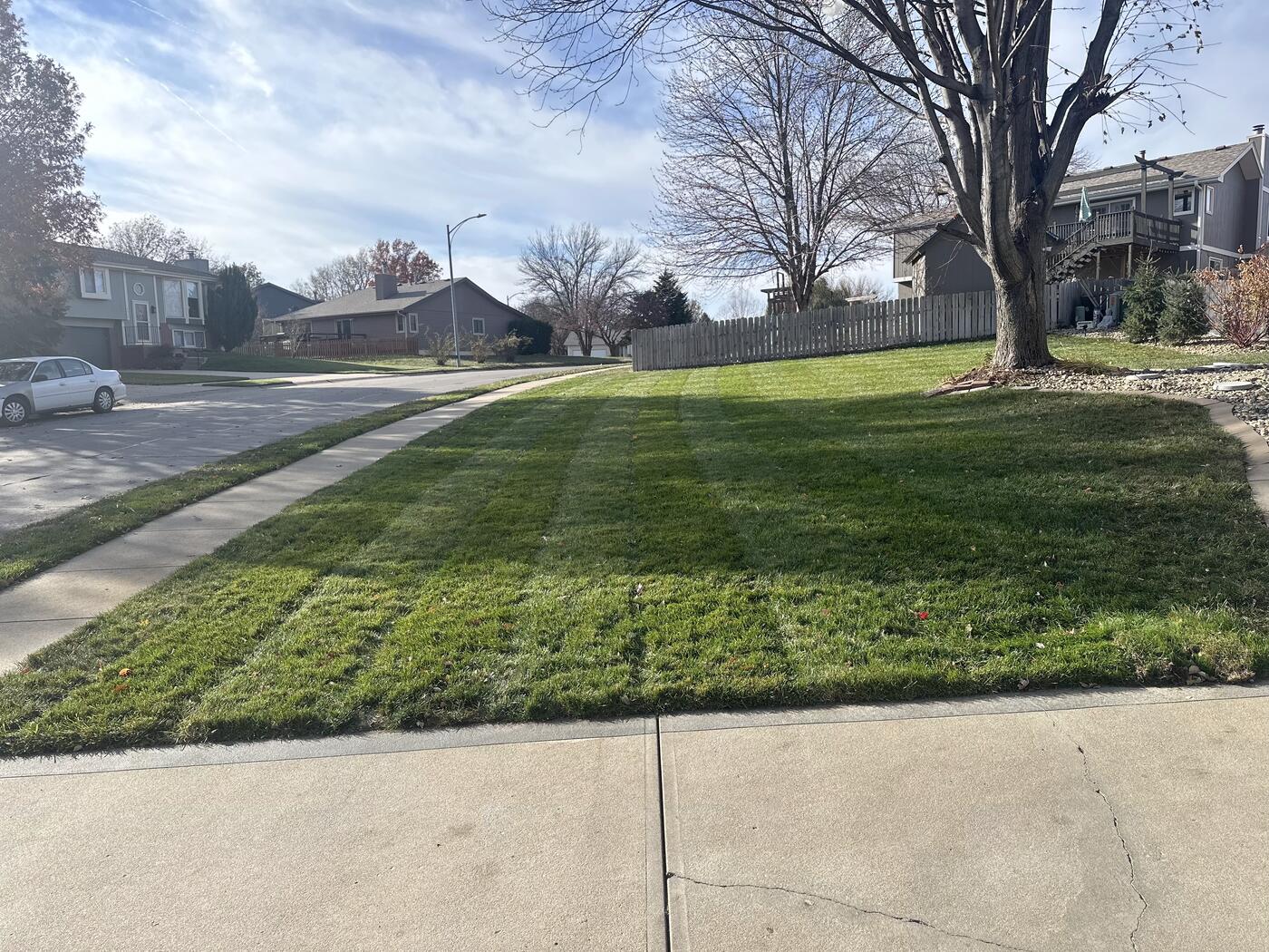 Striped corner lot lawn in Bellevue-Papillion, NE by Picasso Lawn Care
